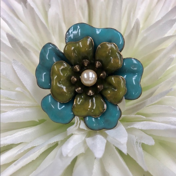Enamel Turquoise & Green Flower Pop Ring w/ Pearl - Picture 1 of 4